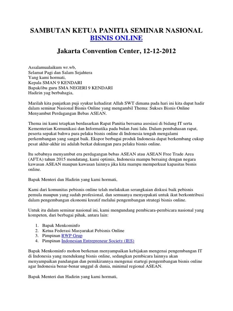 Contoh Sambutan Ketua Panitia Seminar Nasional