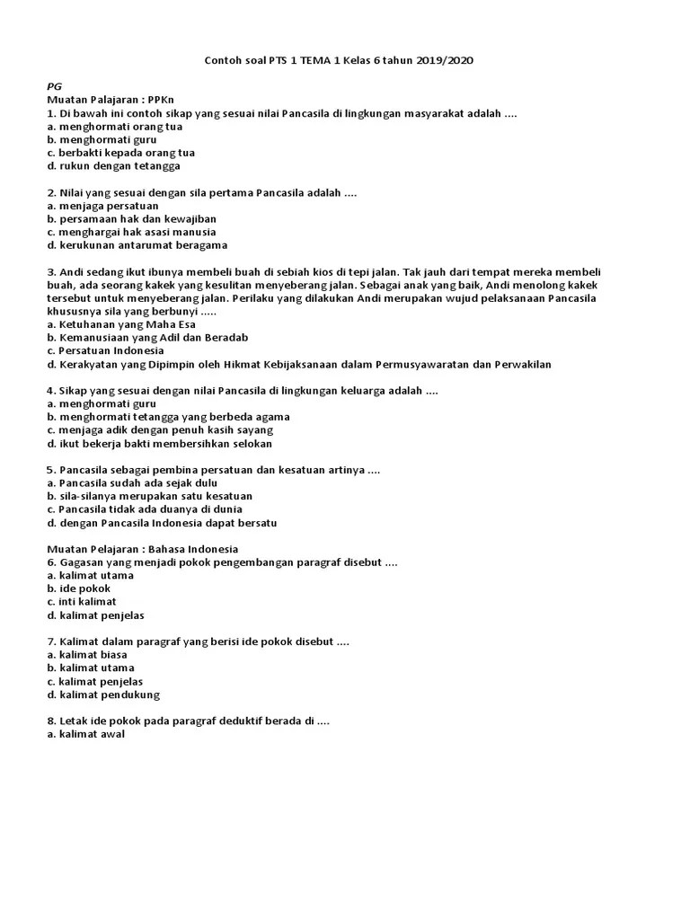 Contoh Soal PTS 1 TEMA 1 Kelas 6 Tahun 2019 | PDF