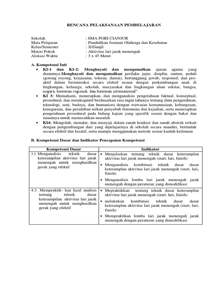 RPP K13 Lari Jarak Menengah Kelas 10 | PDF