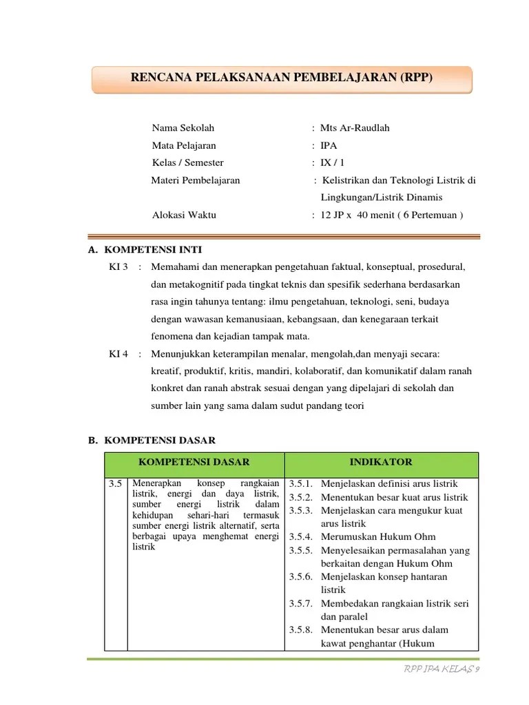 RPP IPA Materi Listrik Dinamis Kelas 9 | PDF