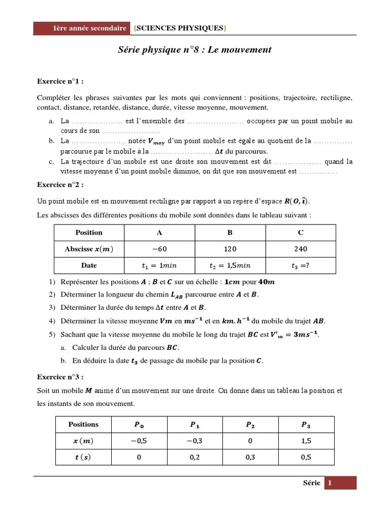Série 8 Physique Mouvement D&rsquo;un Solide | PDF | Vitesse | Physique