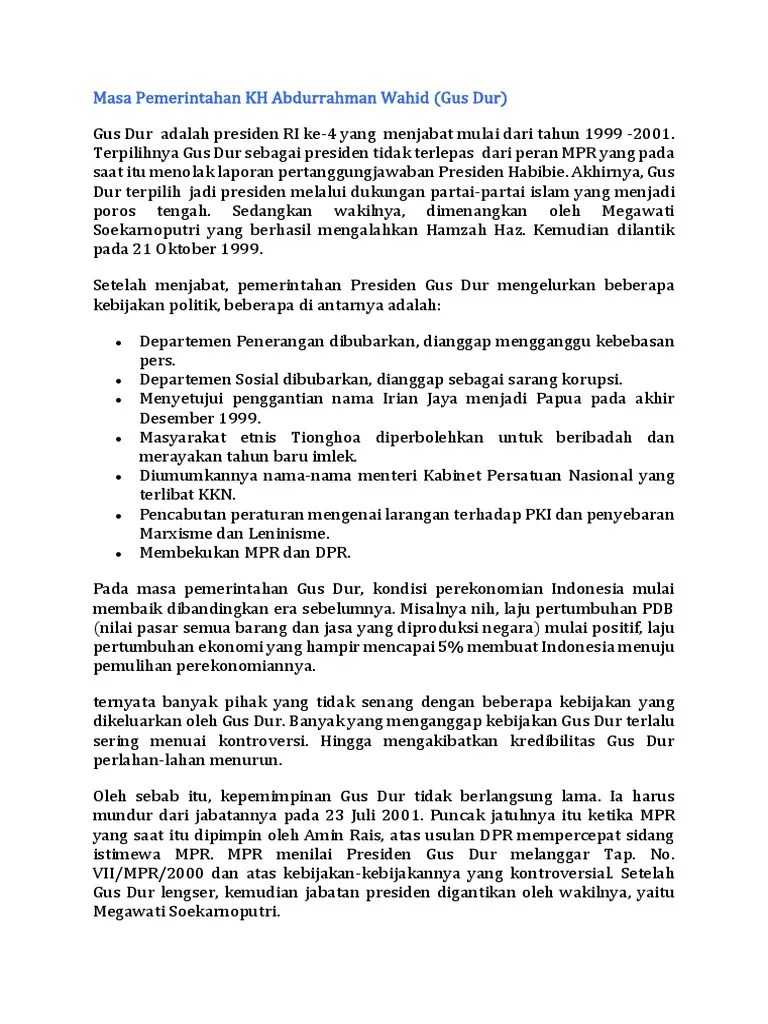 Masa Pemerintahan KH Abdurrahman Wahid