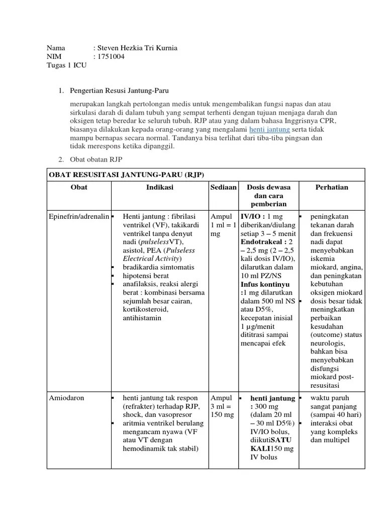 Obat Resusitasi Jantung-Paru (RJP) Obat Indikasi Sediaan Dosis Dewasa Dan  Cara Pemberian Perhatian | PDF