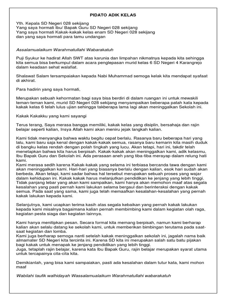 Contoh Pidato Perpisahan Dari Adik Kelas | PDF