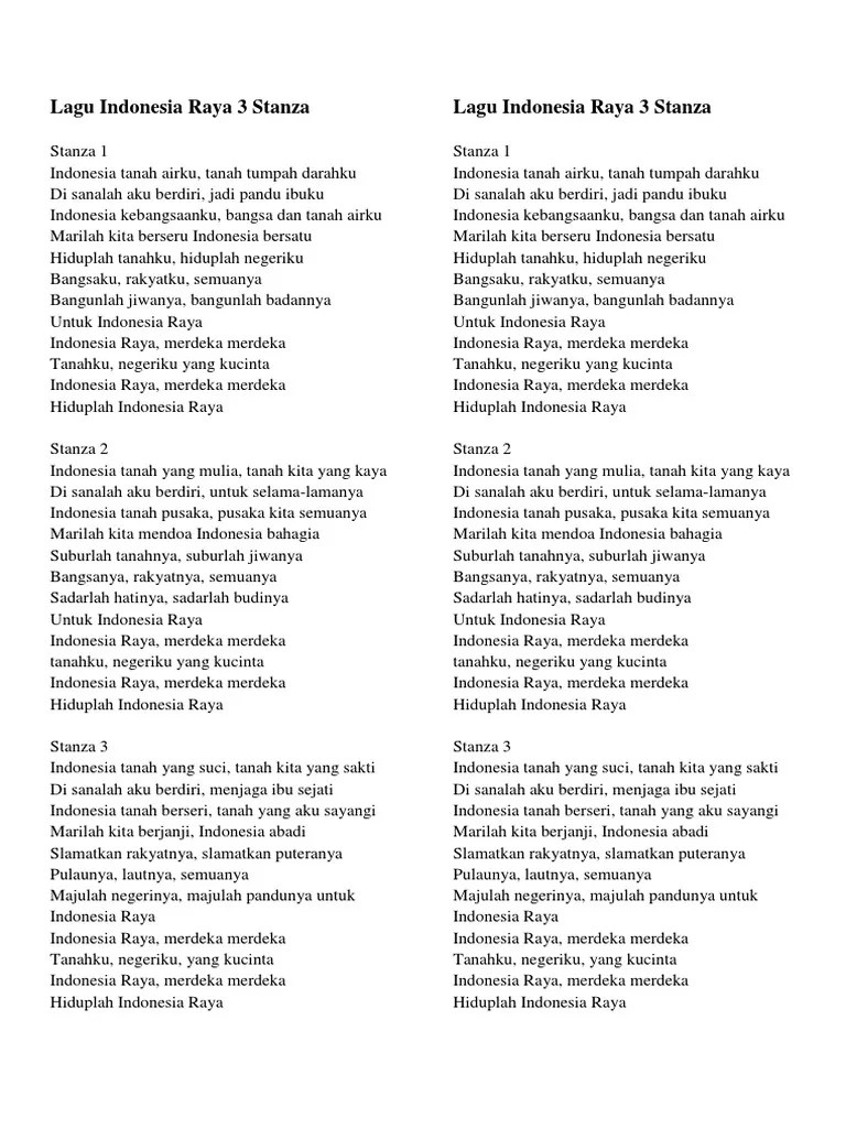 Lirik Lagu Indonesia Raya 3 Stanza Dan Lirik Lagu Maju Tak Gentar | PDF