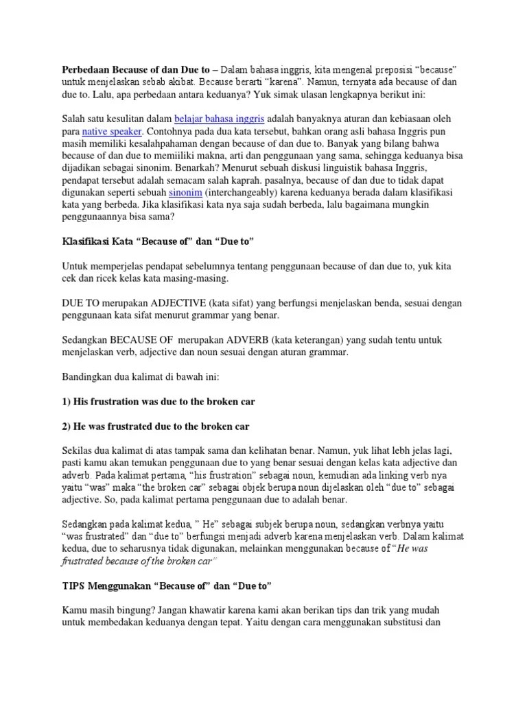Perbedaan Because of Dan Due To | PDF