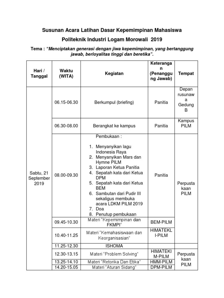 Susunan Acara Latihan Dasar Kepemimpinan Mahasiswa | PDF