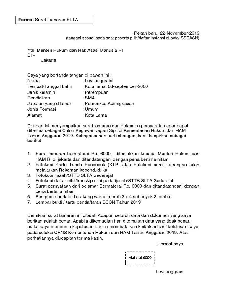 Contoh Surat Lamaran Cpns Kemenkumham | PDF
