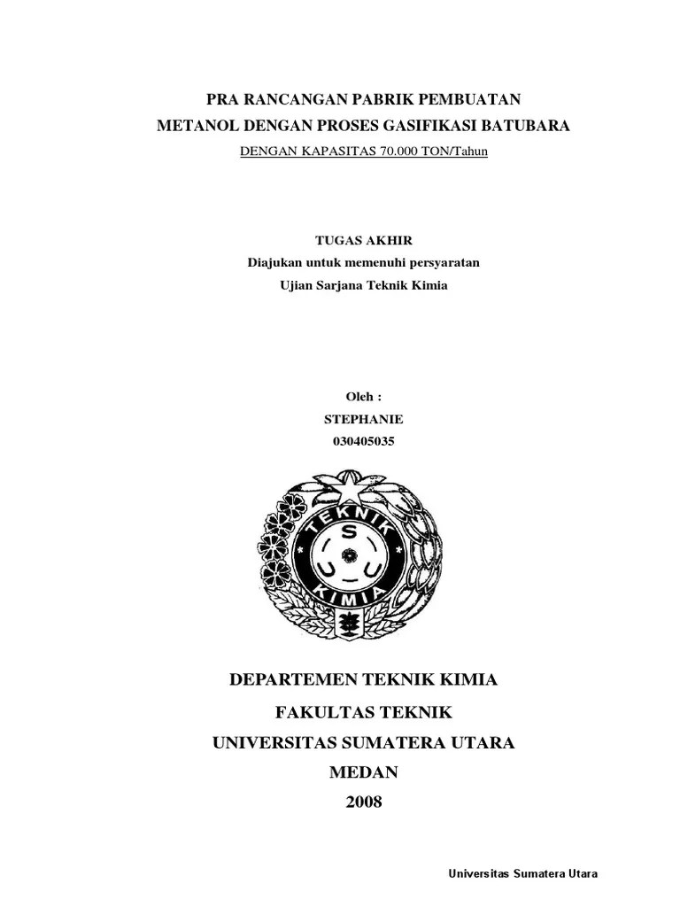 123dok - Pra Rancangan Pabrik Pembuatan Metanol Dengan Proses Gasifikasi  Batubara Dengan Kapasitas 70 - 000 T | PDF