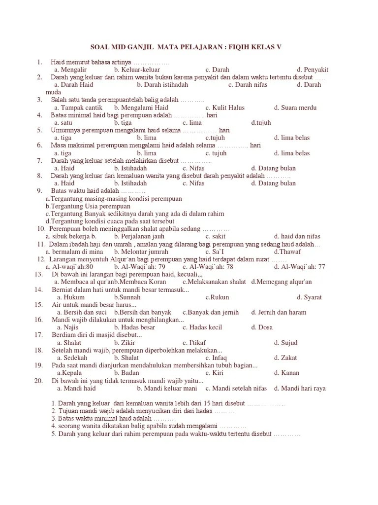 Soal Mid Ganjil Mata Pelajaran Fiqih Kelas 5 | PDF