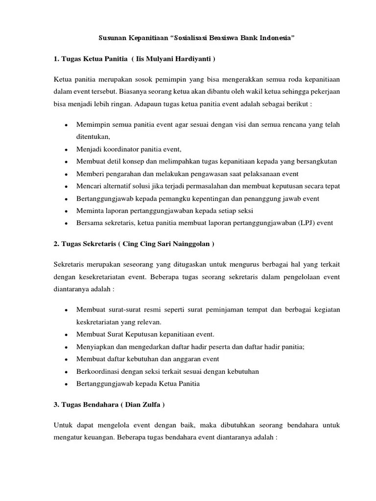 Susunan Kepanitiaan Sosialisasi Bea BI | PDF