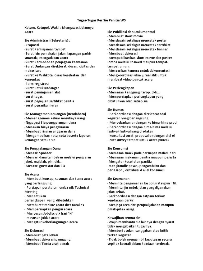 Tugas Pokok PER SIE Panitia | PDF