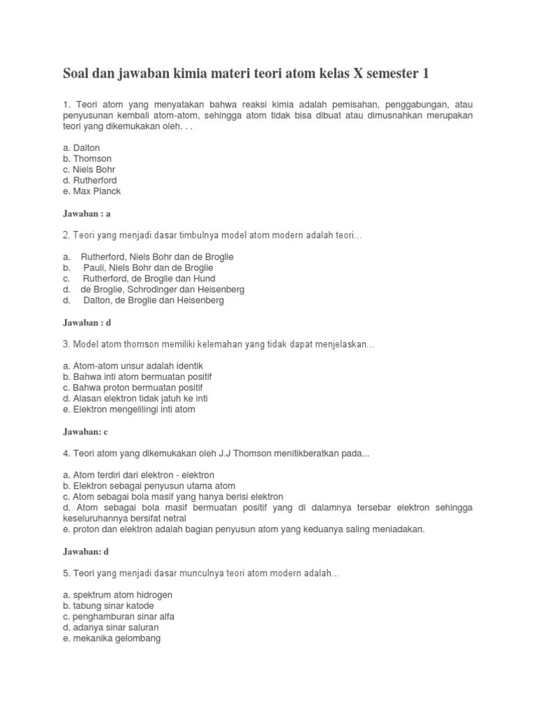 Soal Dan Jawaban Kimia Materi Teori Atom Kelas X Semester 1 | PDF