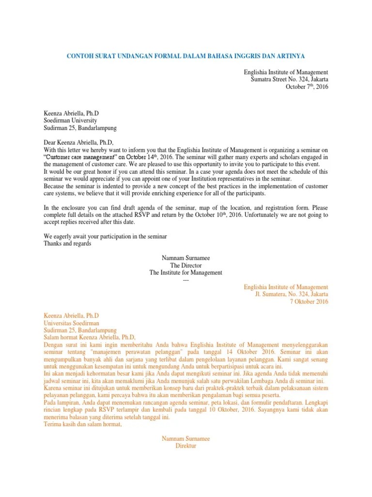 Contoh Surat Undangan Formal Dalam Bahasa Inggris Dan Artinya | PDF