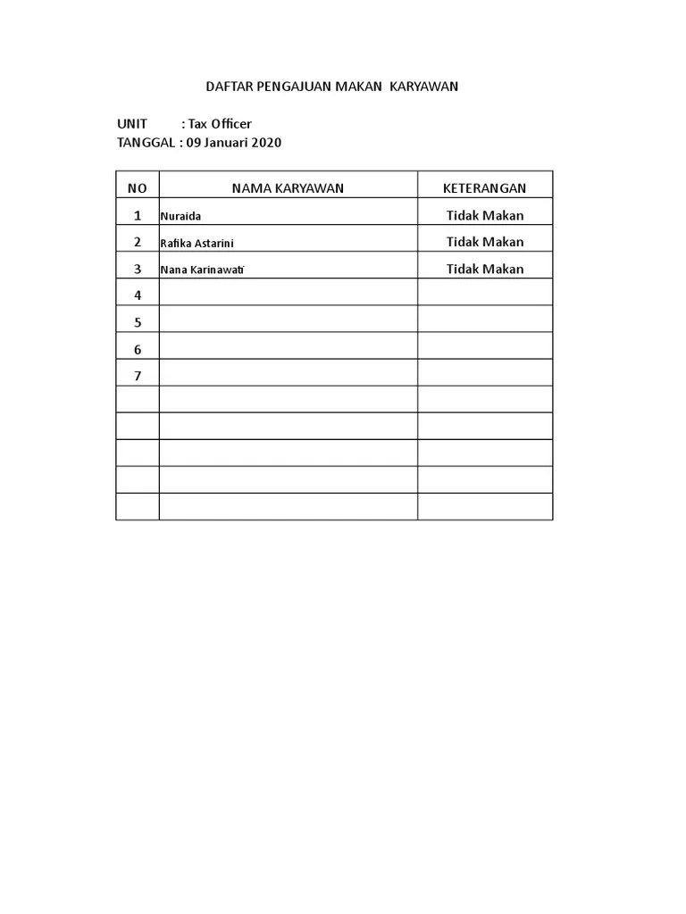 Form Pengajuan Uang Makan Karyawan | PDF