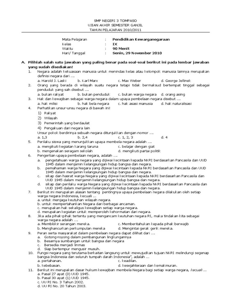 Soal Pkn Kelas 9 Semester 2 Beserta Jawabannya – Sedang