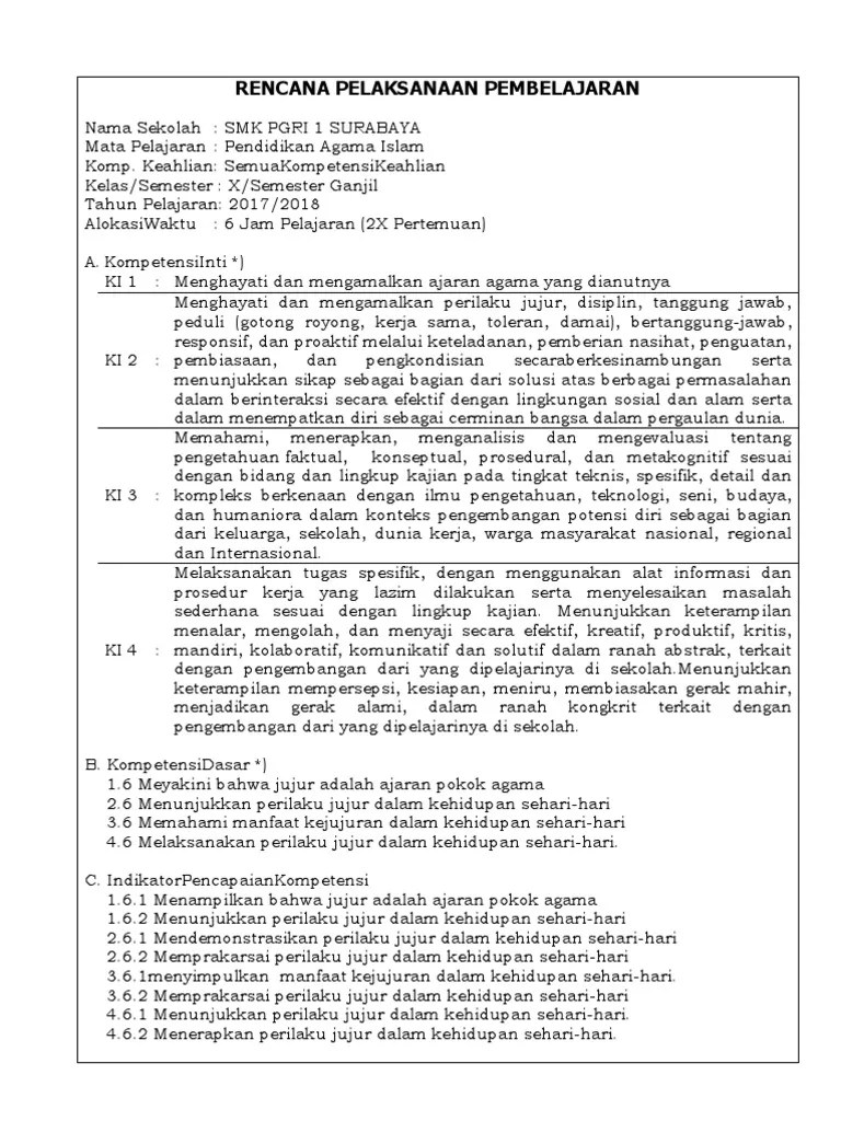 RPP Mempertahankan Kejujuran Sebagai Cermin Kepribadian | PDF