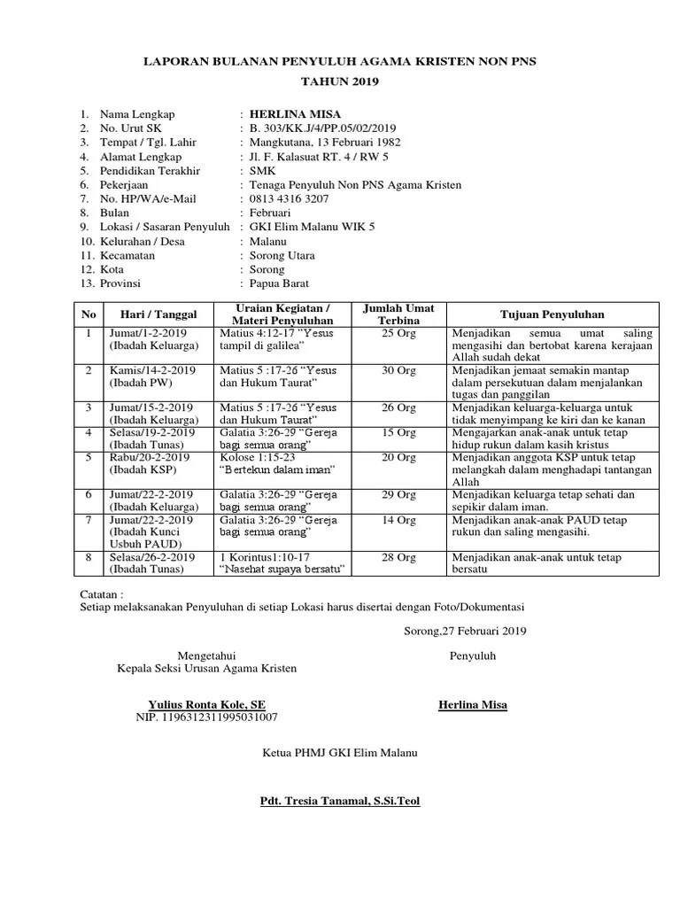LAPORAN BULANAN PENYULUH AGAMA KRISTEN NON PNS Ibu Herlina | PDF