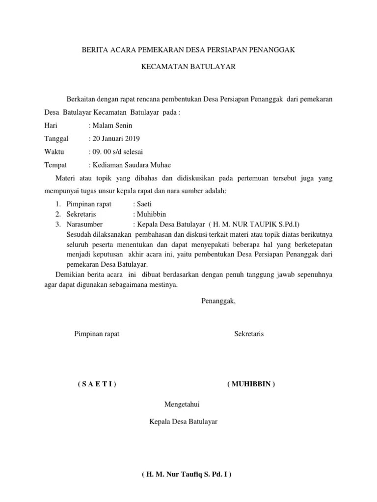 Berita Acara Pemekaran Desa Penanggak Kecamatan Batulayar | PDF