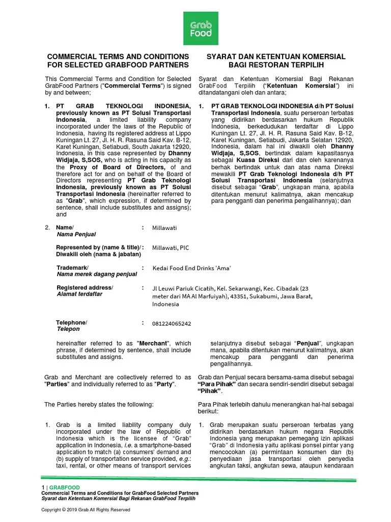 Perjanjian Kerjasama GrabFood Indonesia - Signed | PDF