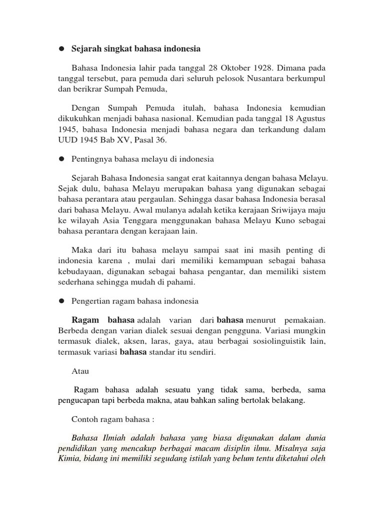 Sejarah Singkat Bahasa Indonesia | PDF