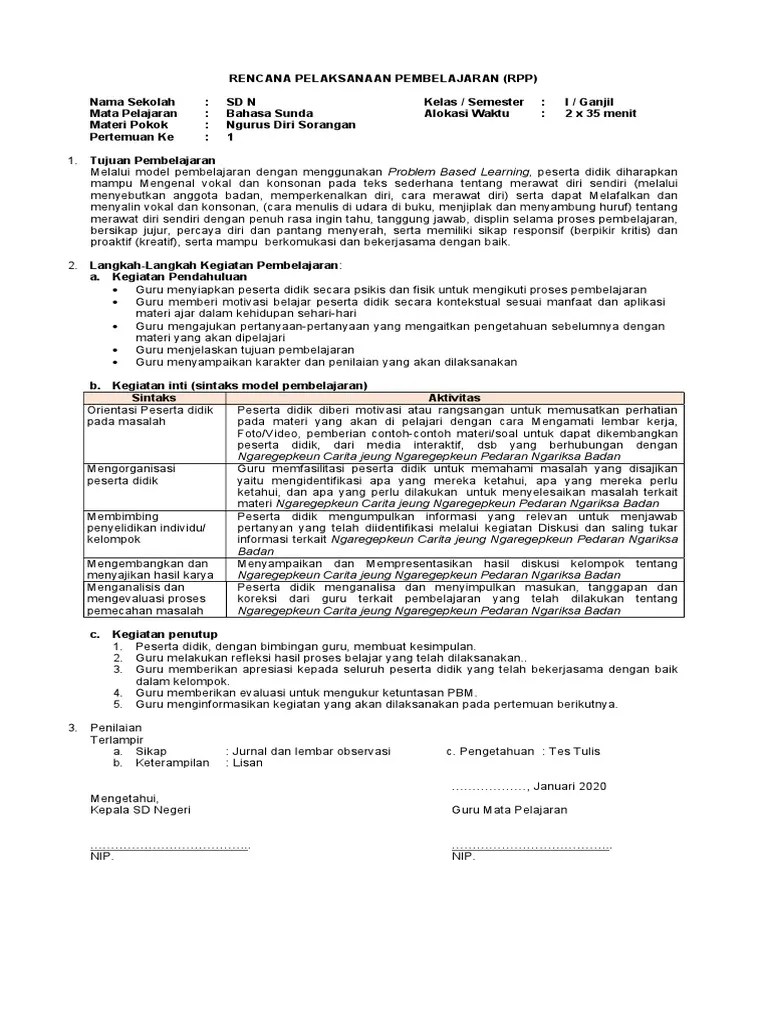 RPP 1 Lembar Bahasa Sunda Kelas 1 SD Revisi 2020 | PDF