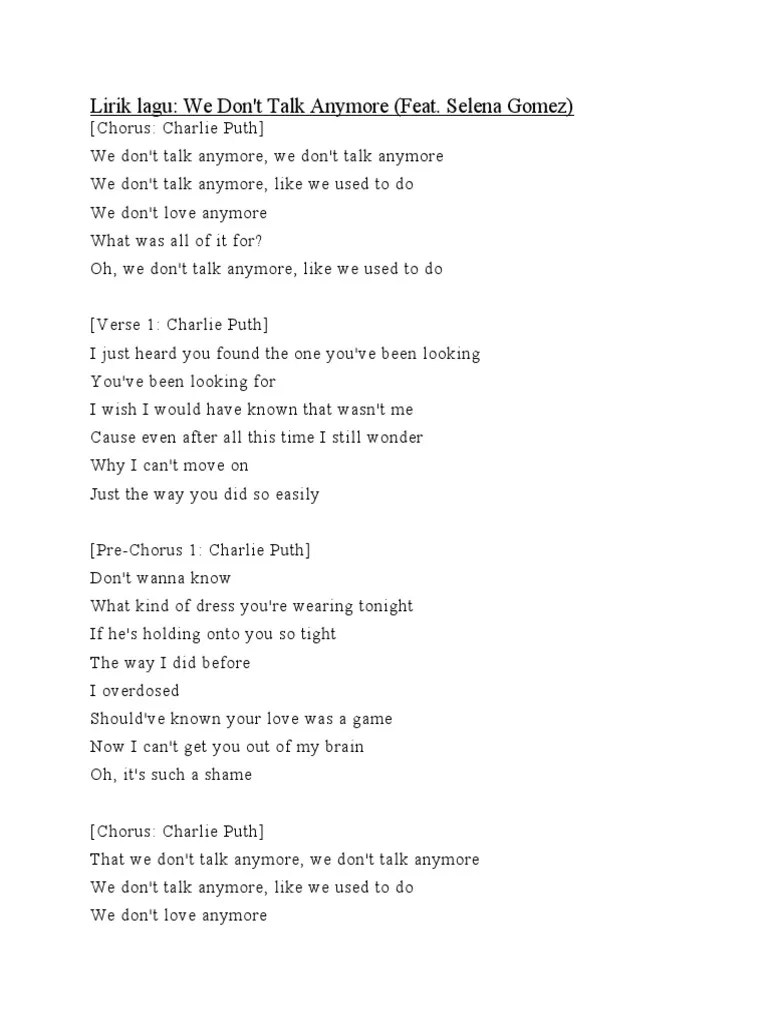 We Don&rsquo;t Talk Anymore Lirik