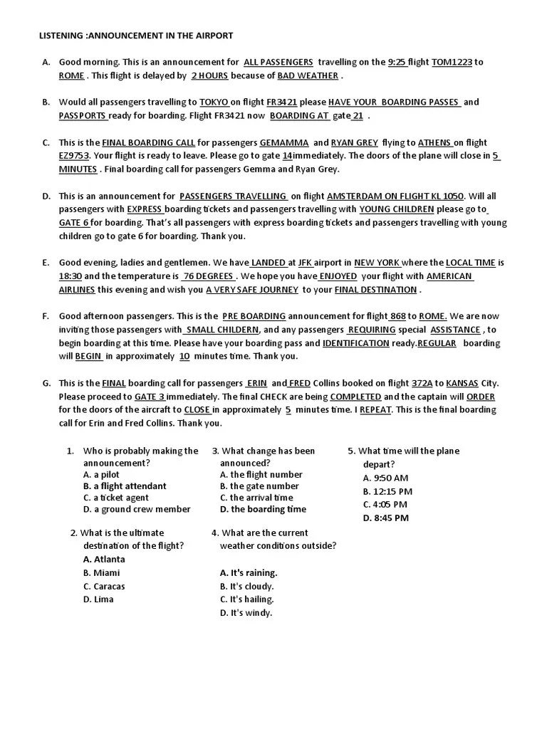 Tugas - ANNOUNCEMENT LISTENING 2020 | PDF | Airport | Transport Accidents  And Incidents