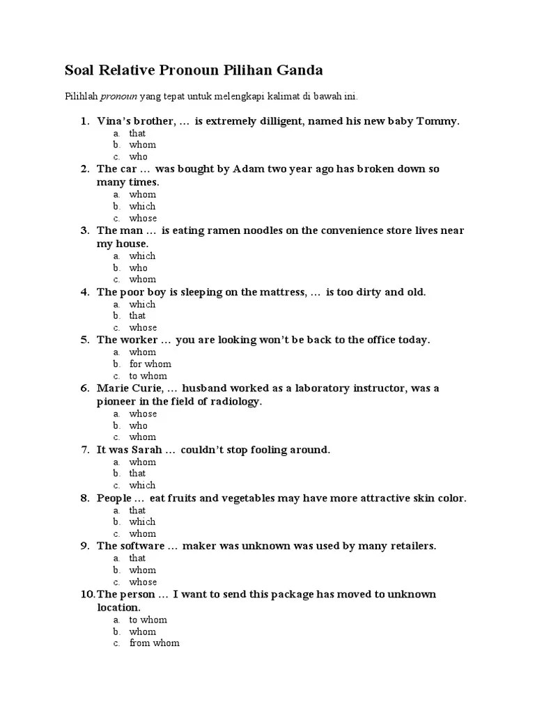 Soal Relative Pronoun Pilihan Ganda | PDF | Verb | Syntax