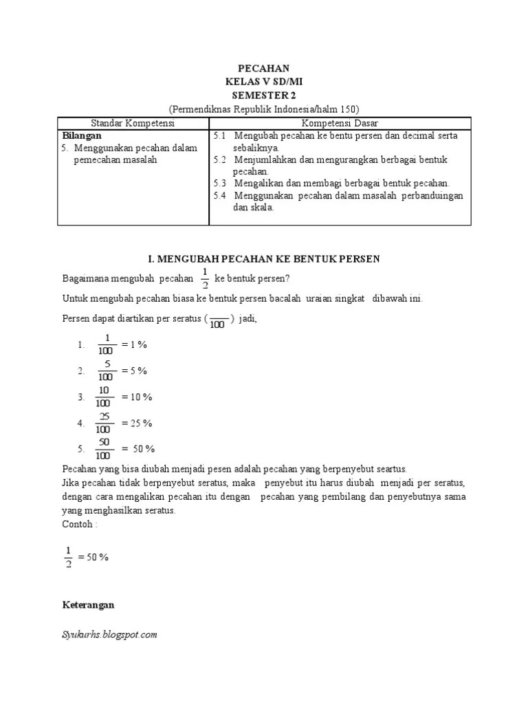 Mengubah Pecahan Ke Bentuk Persen Dan Desimal | PDF