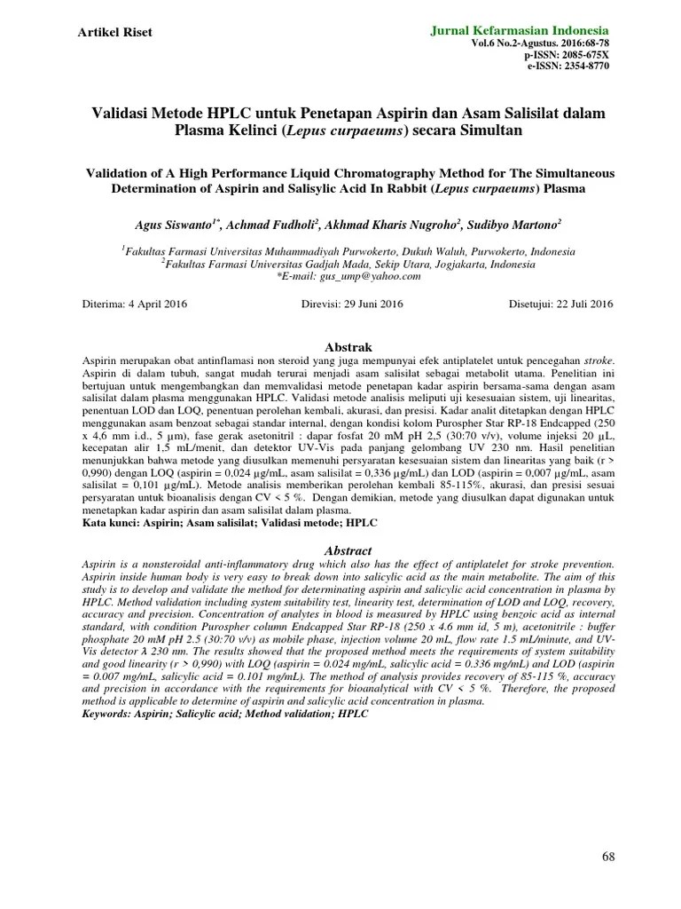 ID Validasi Metode HPLC Untuk Penetapan Asp | PDF