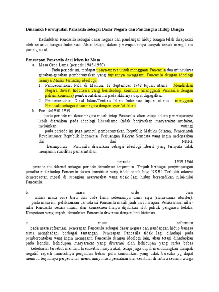 Bahan Dinamika Perwujudan Pancasila Sebagai Dasar Negara Dan Pandangan  Hidup Bangsa | PDF