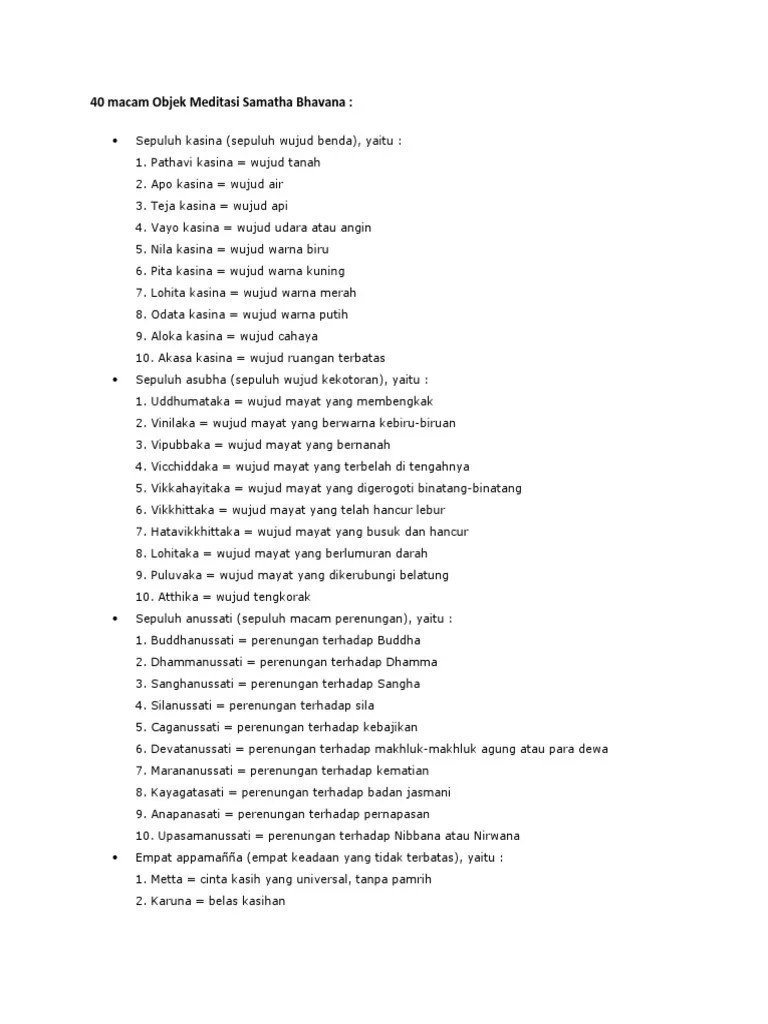 40 Macam Objek Meditasi Samatha Bhavana | PDF