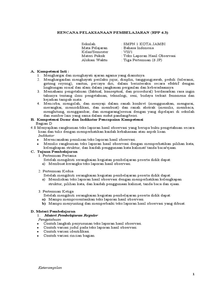 RPP 4.3 Teks Laporan Hasil Observasi 4.8 Sip | PDF