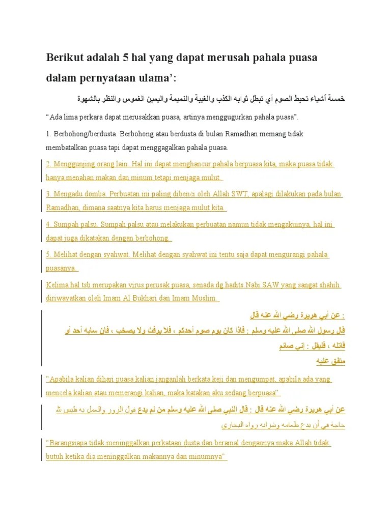 Berikut Adalah 5 Hal Yang Dapat Merusah Pahala Puasa Dalam Pernyataan Ulama  | PDF