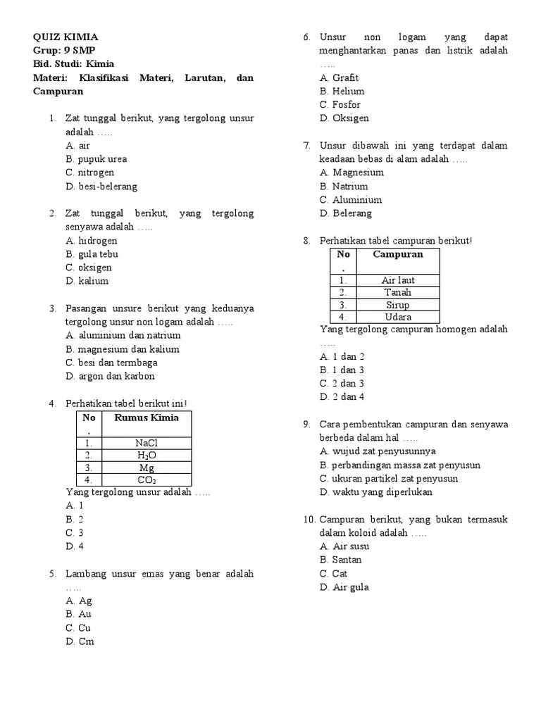 Quiz Kim1 Kelas 9 SMP Klasifikasi Materi, Larutan Dan Campuran | PDF