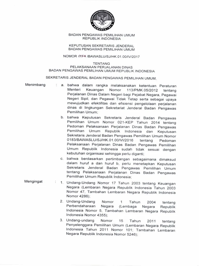 Kep 0154 - Perjalanan Dinas Di Lingkungan Bawaslu PDF | PDF