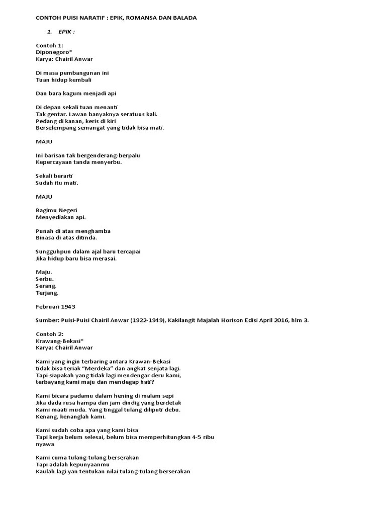 CONTOH PUISI NARATIF - EPIK ROMANSA Dan BALADA | PDF