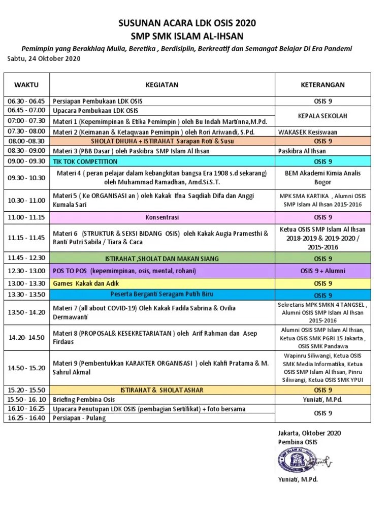 Susunan Acara LDK Osis 2020 | PDF