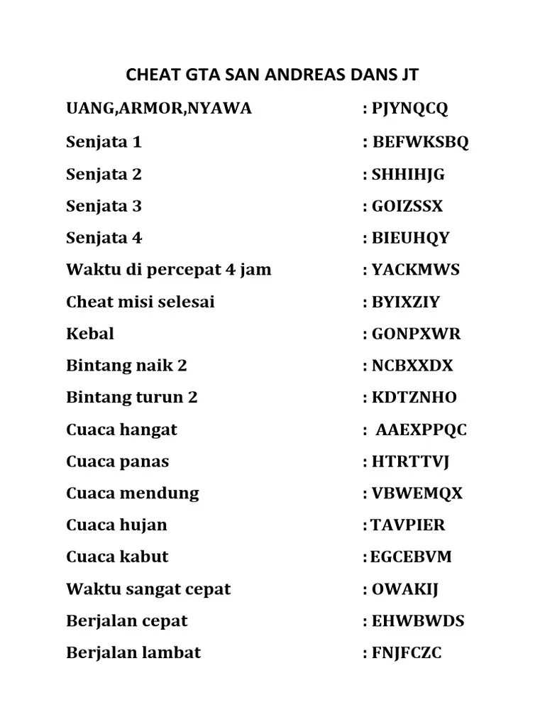 Kode Curang Terbaru Gta Sa Dans JT | PDF