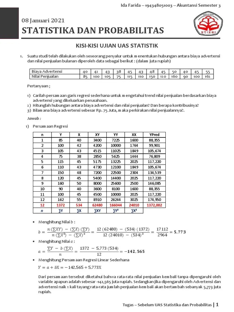 Tugas Sebelum UAS STATISTIKA &amp; PROBABILITAS | PDF