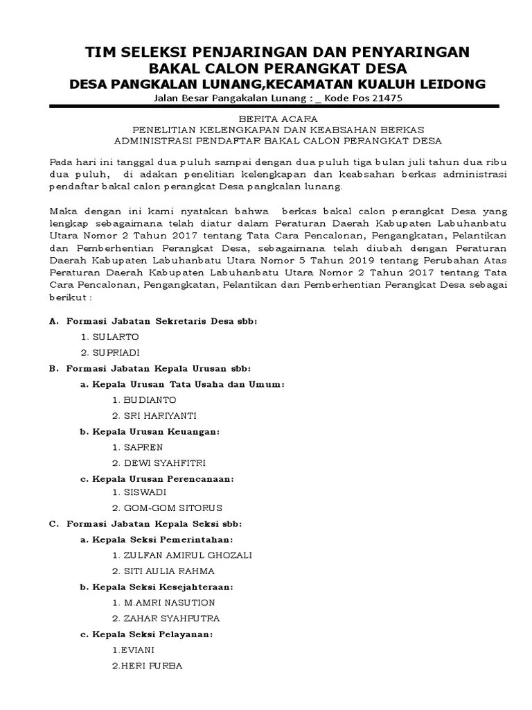 05.format Berita Acara Penelitian Berkas Calon Perangkat Desa 2020 | PDF