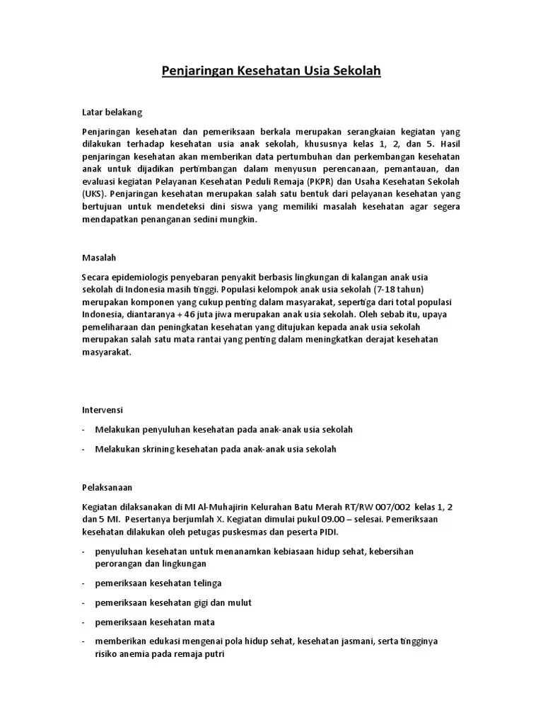 BORANG Penjaringan Kesehatan Usia Sekolah | PDF