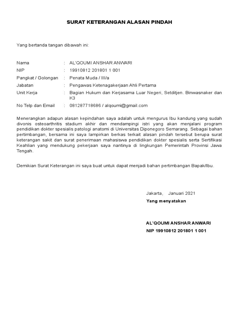 Surat Keterangan Alasan Pindah | PDF