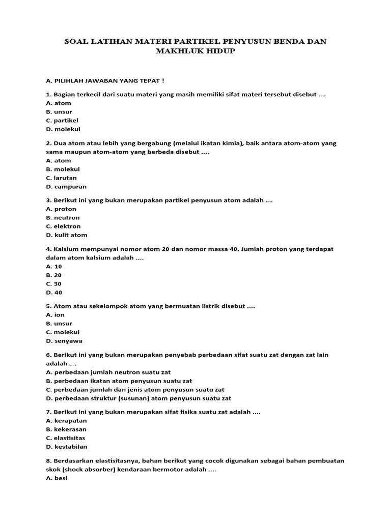 Soal Latihan Materi Partikel Penyusun Benda Dan Makhluk Hidup | PDF