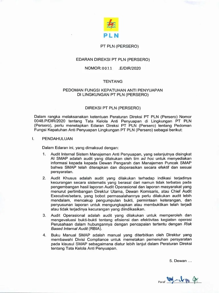 Edir 0011.E-DIR-2020 TTG Pedoman Fungsi Kepatuhan Anti Penyuapan Di Lingk  PT PLN | PDF
