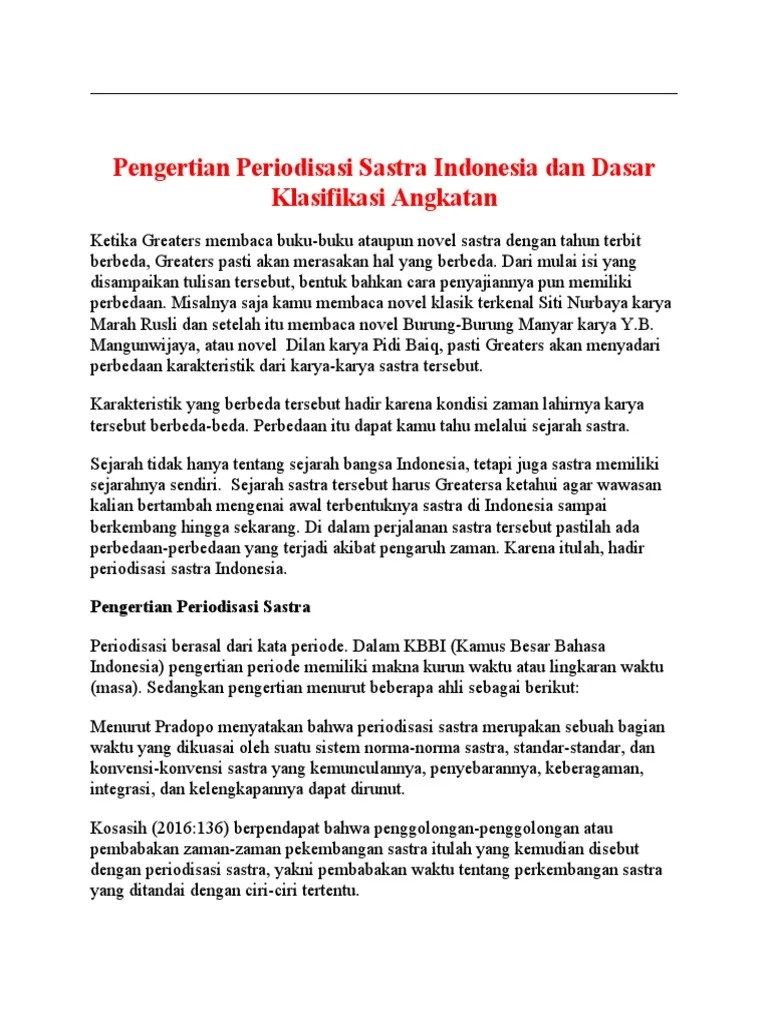 Pengertian Periodisasi Sastra Indonesia Dan Dasar Klasifikasi Angkatan | PDF