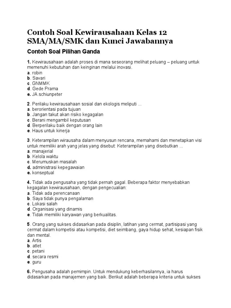 Contoh Soal Kewirausahaan Kelas 12 SMA | PDF