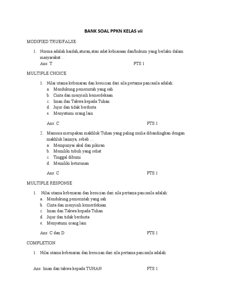 Bank Soal PPKN Kelas Vii | PDF