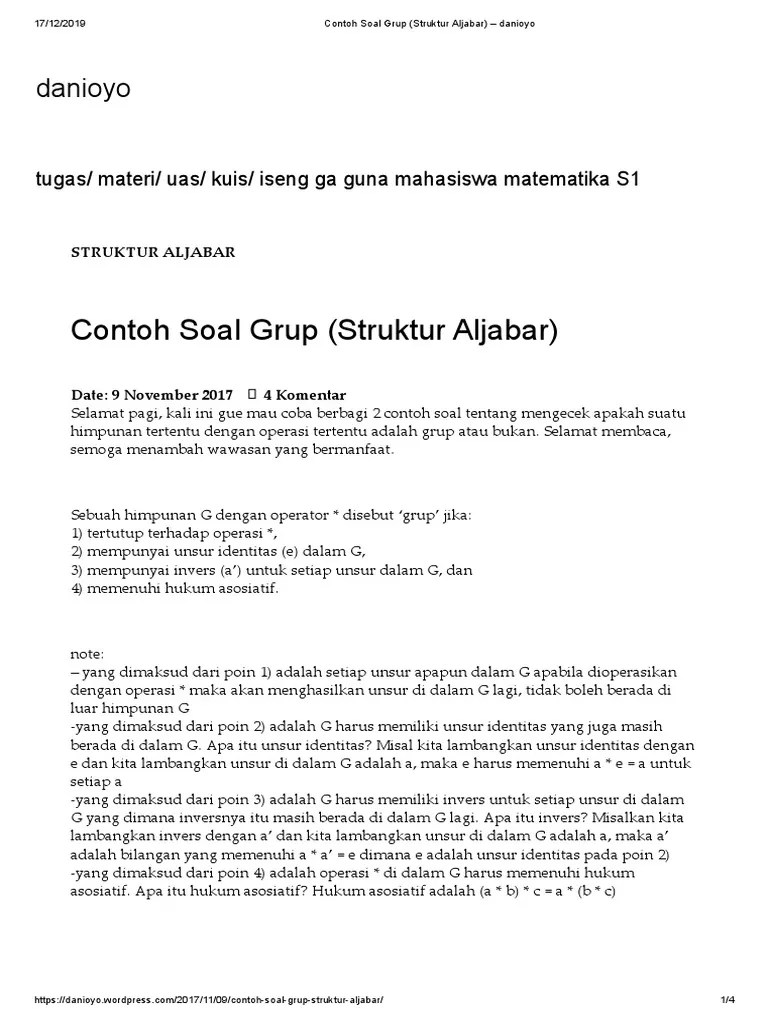 Contoh Soal Grup (Struktur Aljabar) - Danioyo | PDF